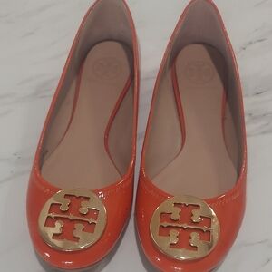 Tory Burch Orange Patent Leather Logo Toe Ballet Flats